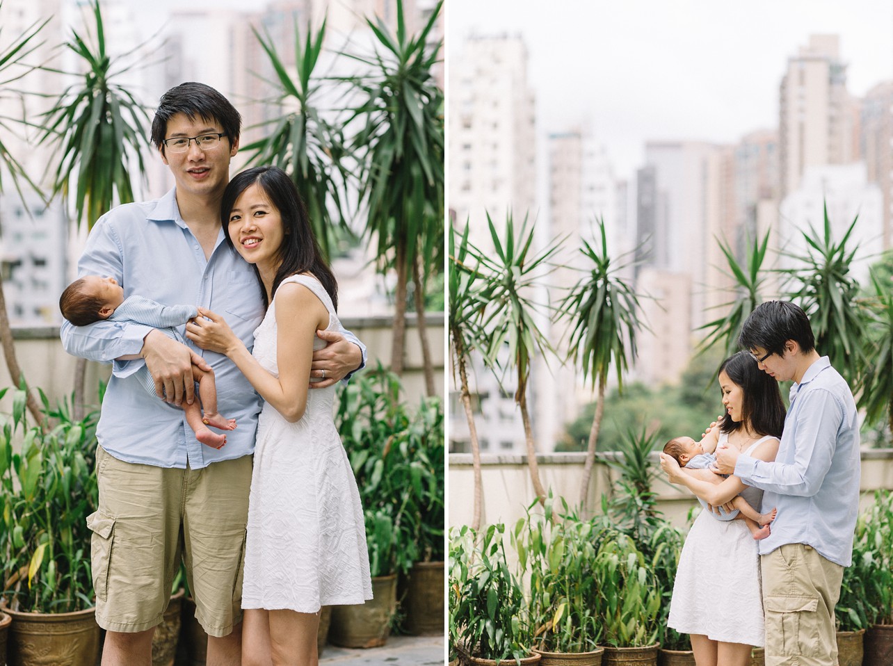 Newborn Session in Happy Valley with William - in a garden, parents with a baby smiling at the camera and at the baby