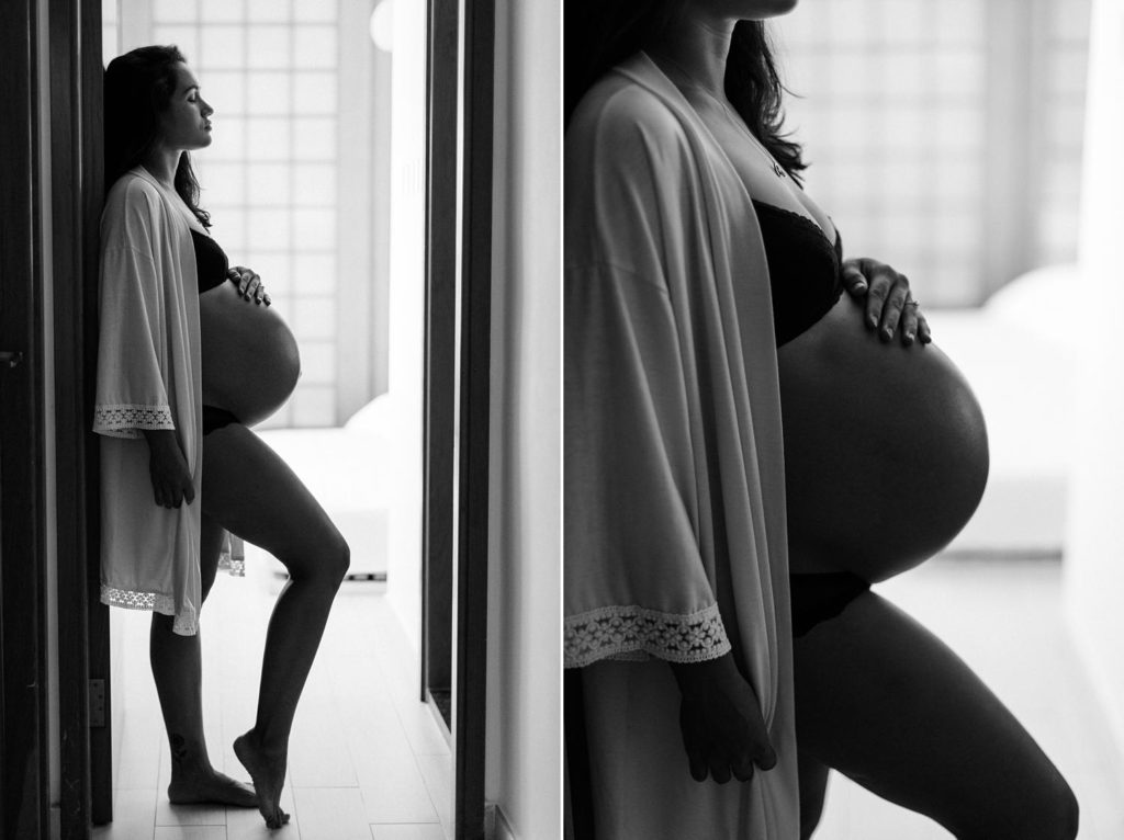 black and white image of pregnant mom side shot where her belly is naked