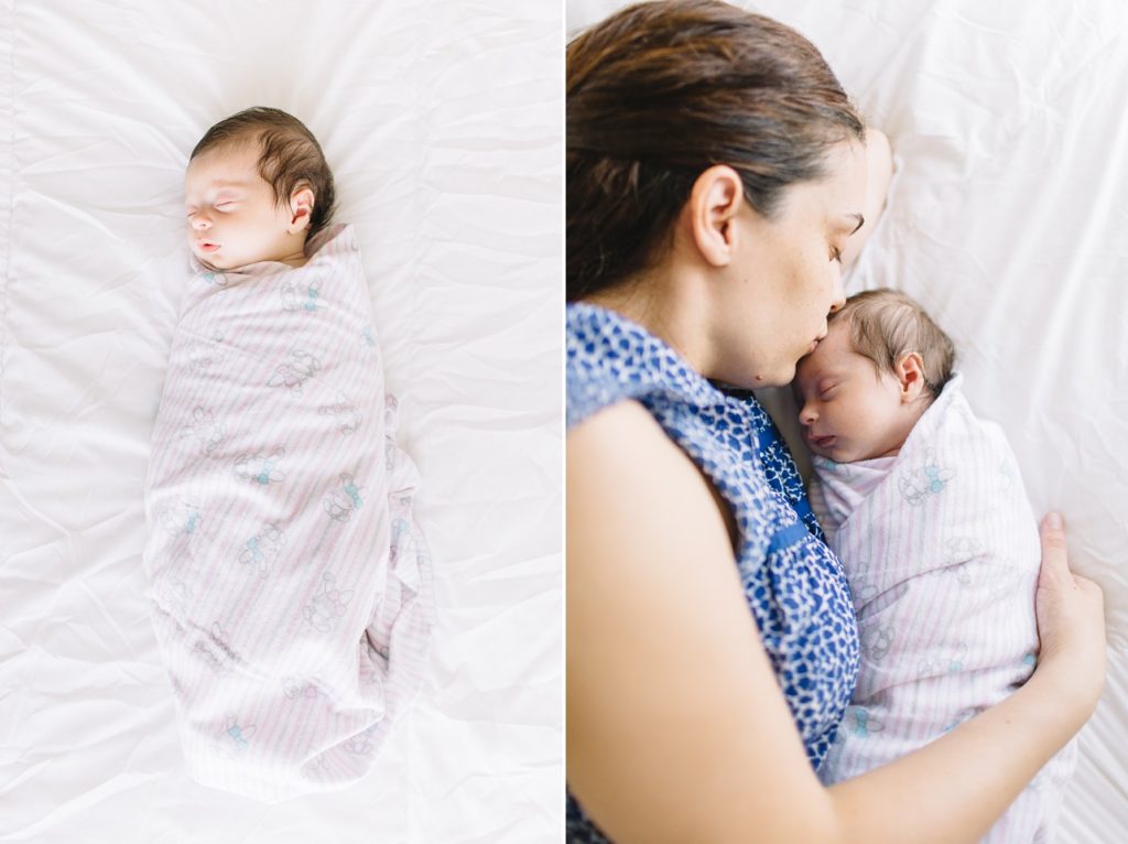 left, baby is alone sleeping on the bed swaddled pink stripe swaddle, right, mama is laying down with the girl and kissing the baby