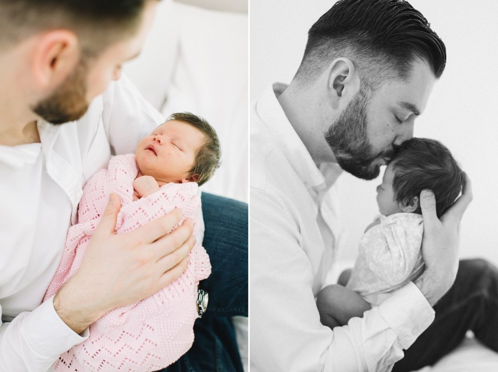 left image, baby is sleeping in dad's arms and right image, he held up the baby and kissing her forehead