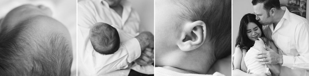 black and white collage of baby's head close up, baby's head who is held by dad, ear close up, and dad kissing mom who is holding the baby