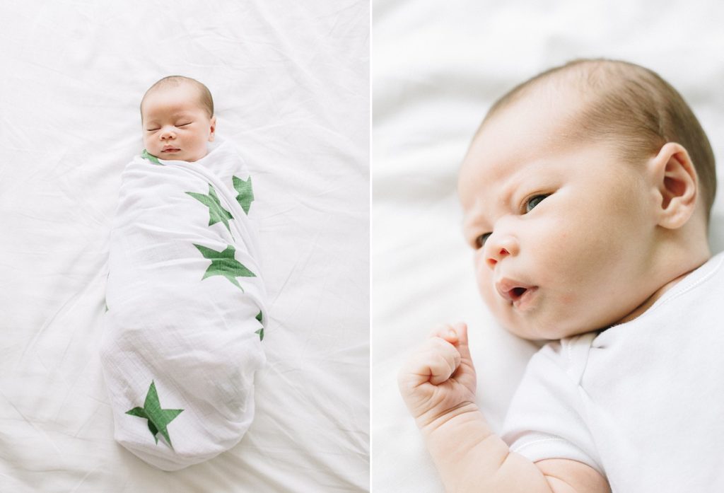 left, baby is wrapped in the swaddle with star prints and right image is baby's face close up