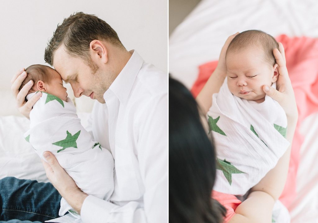 left image, dad and baby are head to head touching and on the right, baby is on mom's lap and he is sleeping