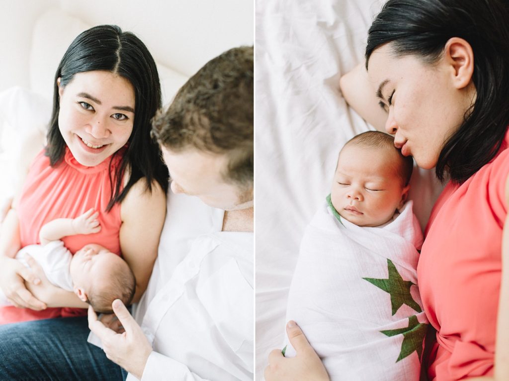 left image- mom is looking at the camera while she hold the baby and dad is right next to them and left image has the baby and mom's laying down image where mom is kissing baby's head