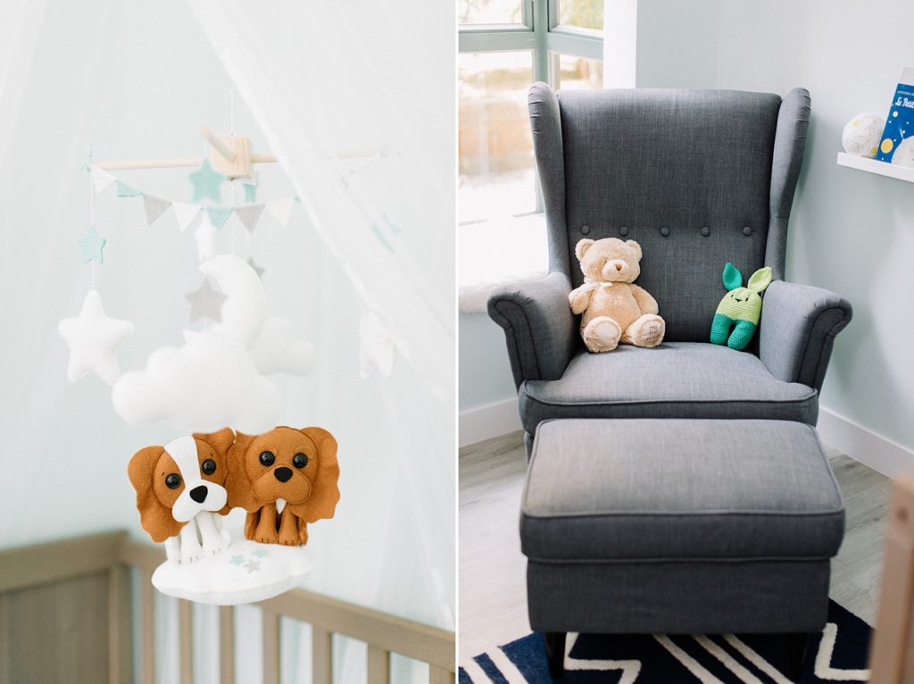 handmade merry for the baby's crib and the memorable stuffed animals on the gray chair