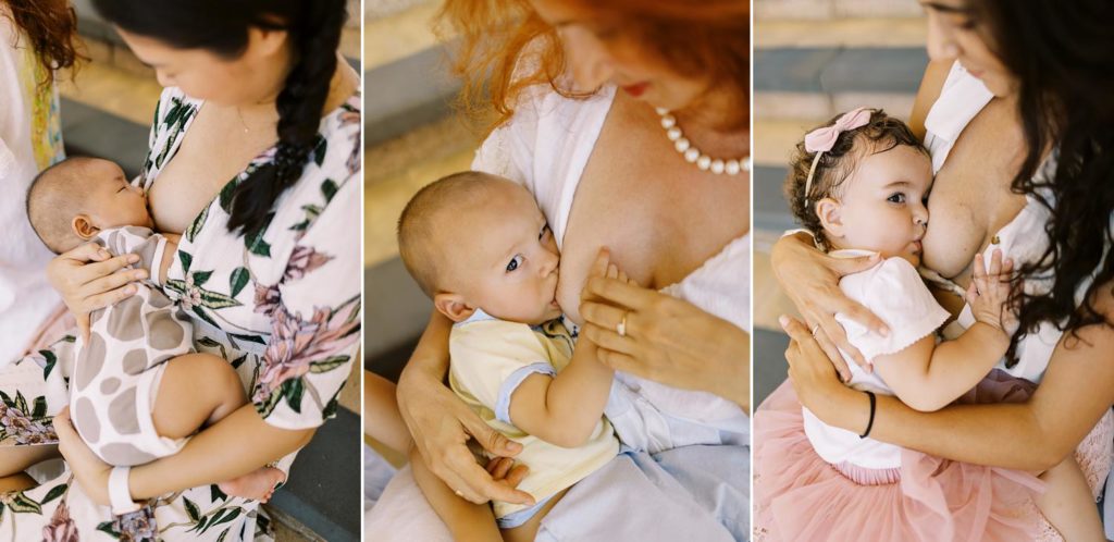 Three images from a breastfeeding photoshoot session of mamas feeding their little one. 
