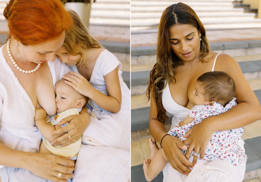 two images of mother breastfeeding their toddlers right image has african american mother and left image has red hair mother.