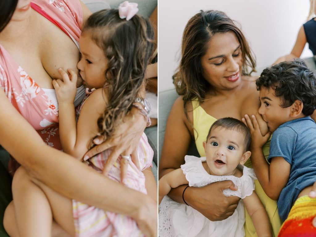 Two potraits of a nursing photo session, left portrait of a mother in pink dress is feeding her toddler and right image an African American mother is feeding big brother while the toddler is smiling at the camera beside him. 