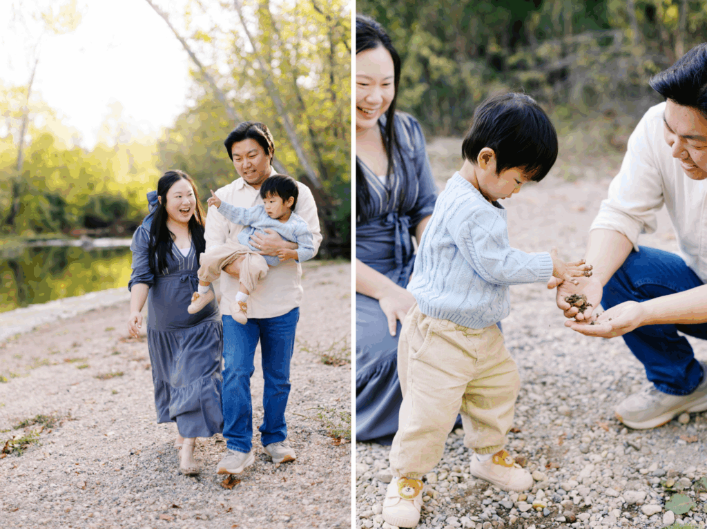 Collage of family of three walking by the riverbank and todder son and father playing with rocks while mother looks on. 