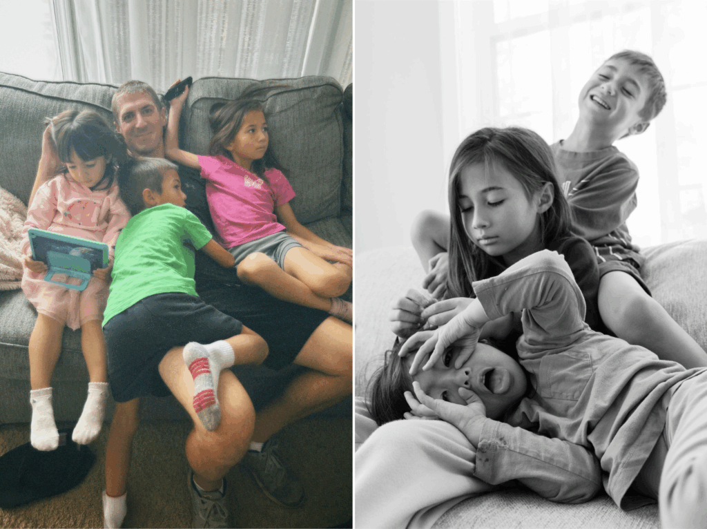Candid family photo of husband and children and photo of siblings making faces and playing.